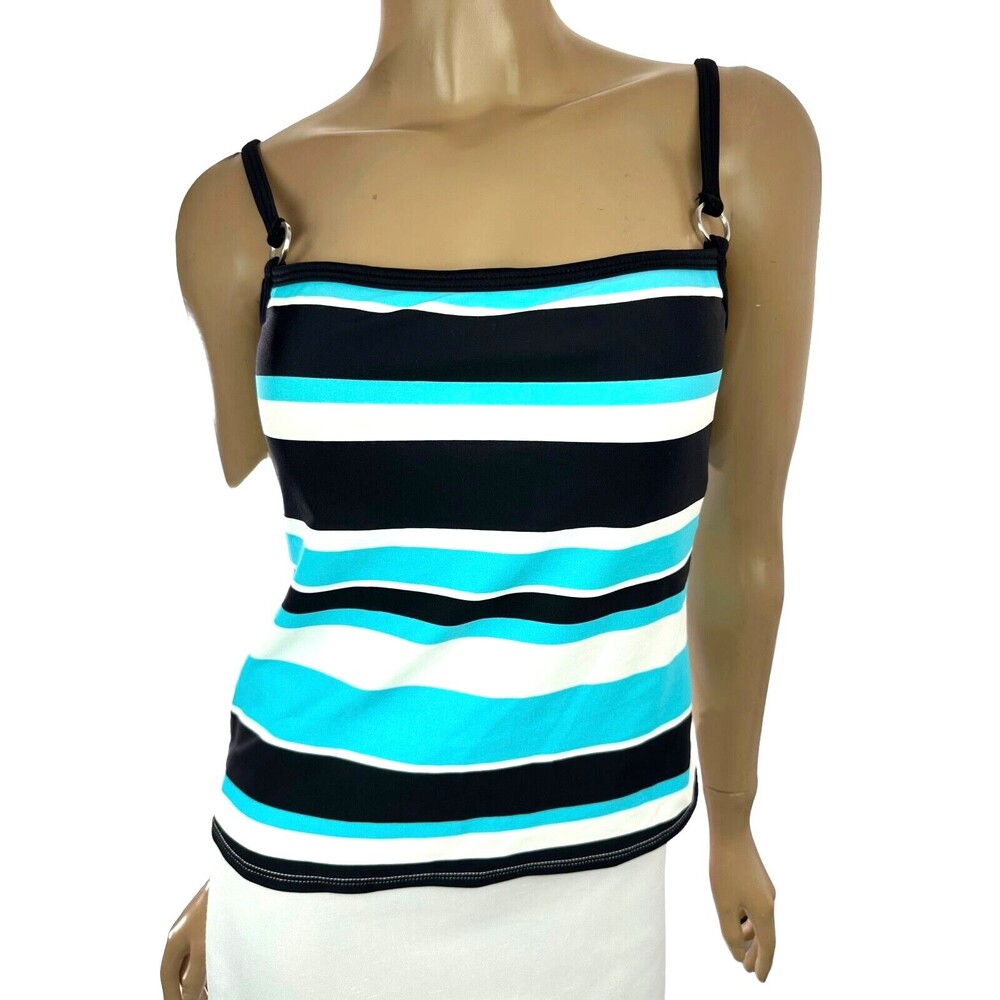 A.N.A. Size 8 Tankini Swim Top Built in Padded Bra Aqua Blue/White/Black